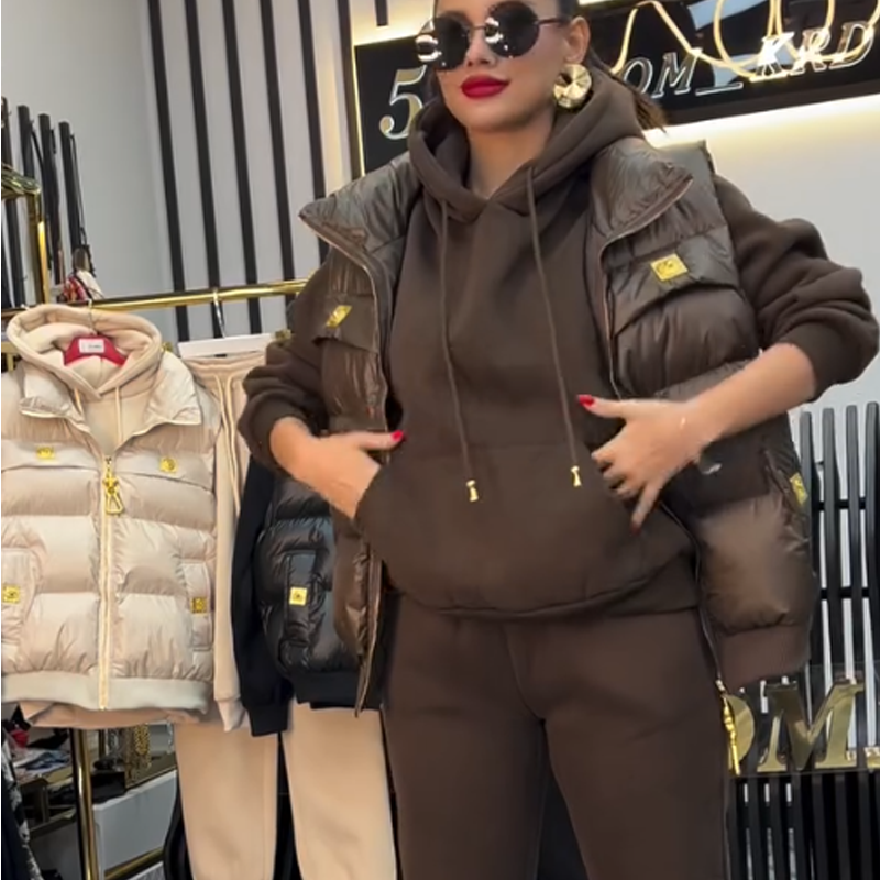 Women's 3-Piece Puffer Vest, Hoodie & Joggers Set