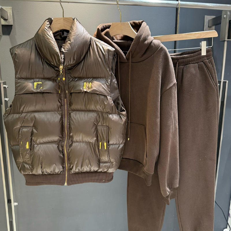 Women's 3-Piece Puffer Vest, Hoodie & Joggers Set