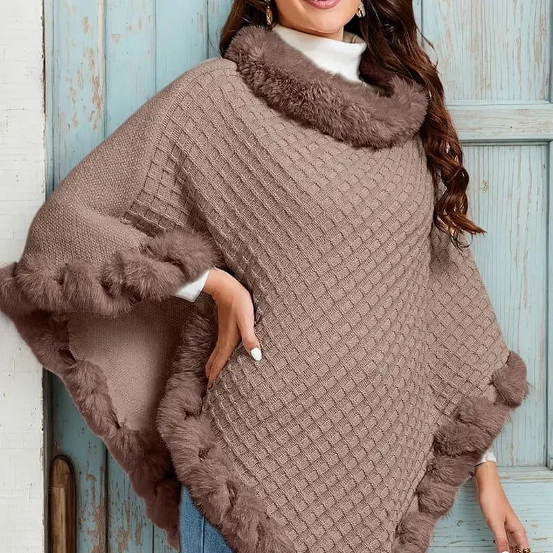Women's Chic Ultra-Warm Faux Fur Trim Knit Shawl