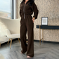 Elegant Long-Sleeve Zip-Up Corduroy Jumpsuit