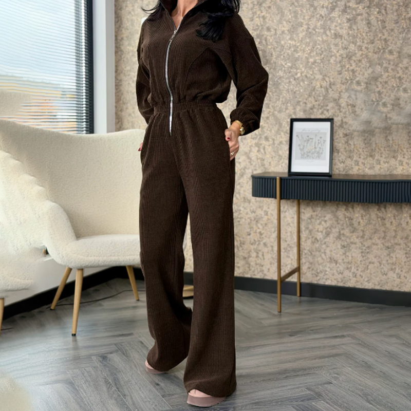 Elegant Long-Sleeve Zip-Up Corduroy Jumpsuit