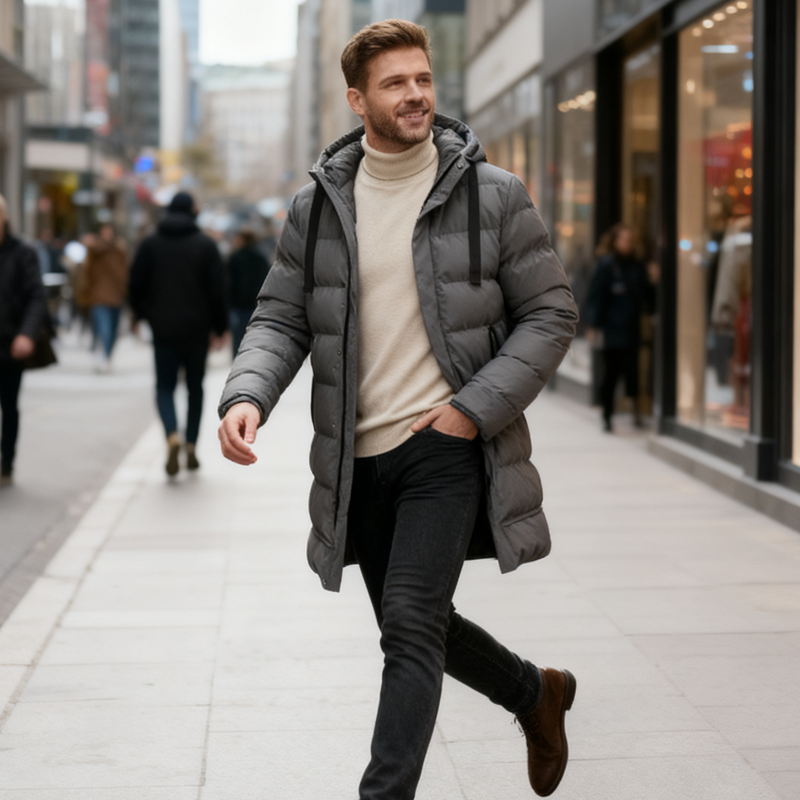 Men's Mid-Length Hooded Puffer Jacket