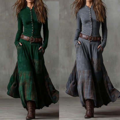 Vintage Stand Collar Button-Down Swing Dress