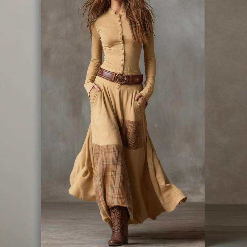 Vintage Stand Collar Button-Down Swing Dress