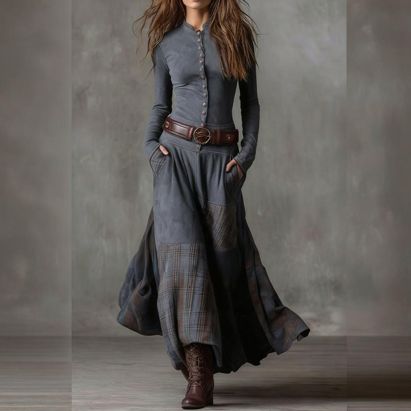 Vintage Stand Collar Button-Down Swing Dress