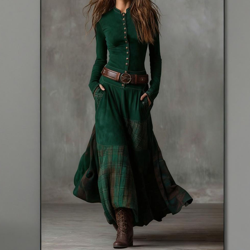 Vintage Stand Collar Button-Down Swing Dress