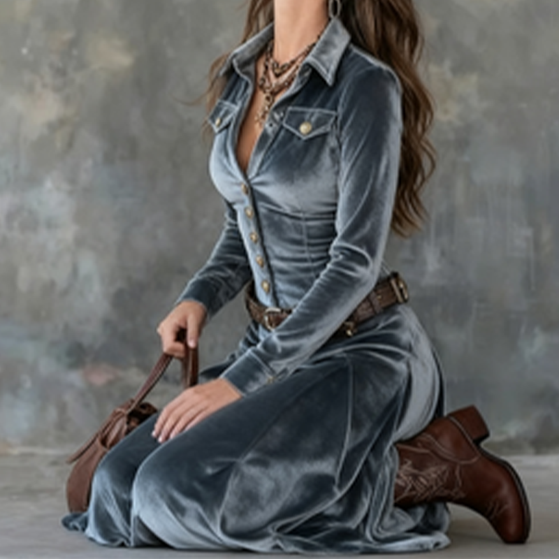 Women's Long Sleeve Velvet Maxi Dress