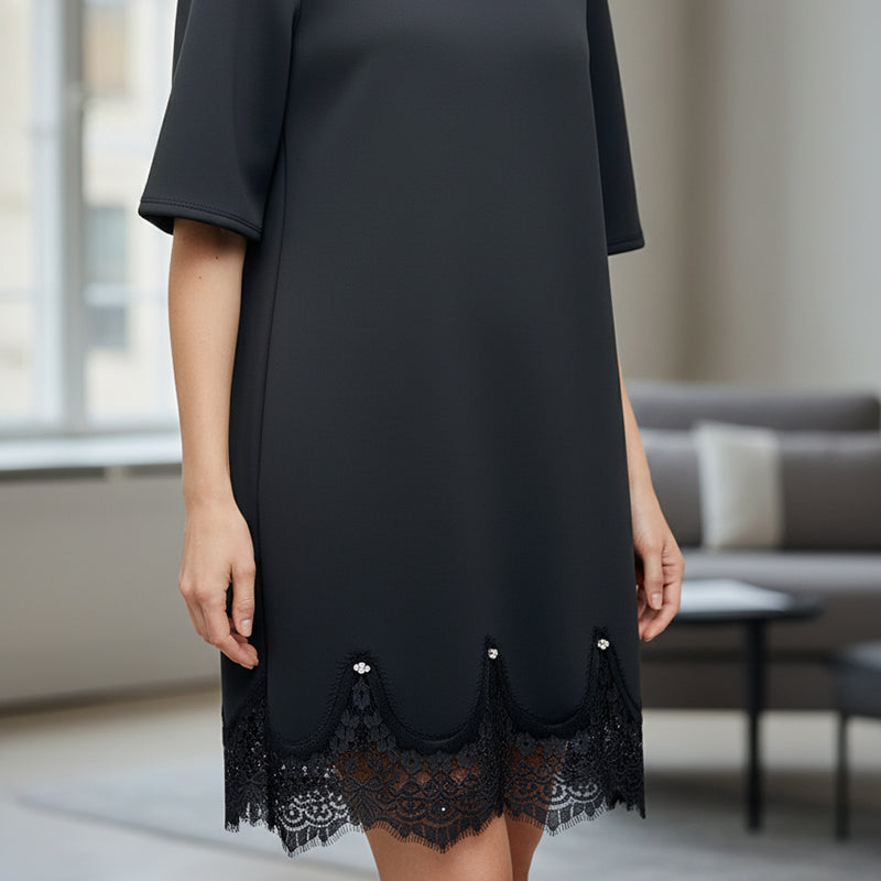 Women’s Elegant Round-Neck Lace-Hem Shift Dress