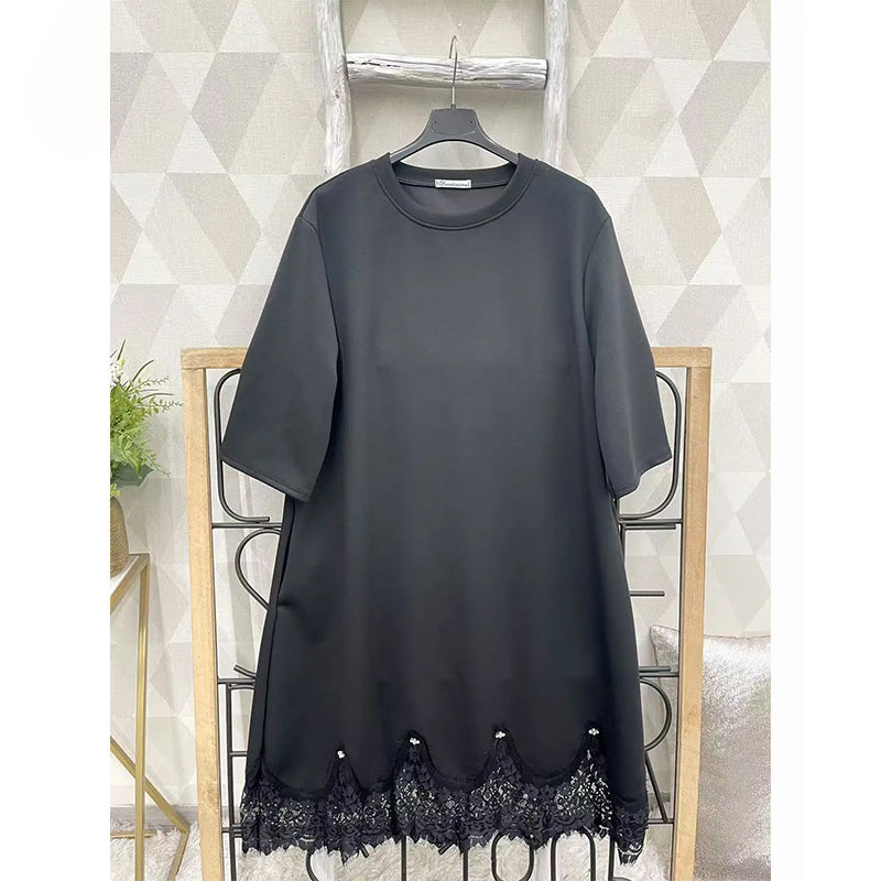 Women’s Elegant Round-Neck Lace-Hem Shift Dress