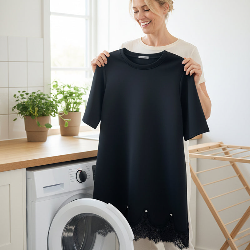 Women’s Elegant Round-Neck Lace-Hem Shift Dress