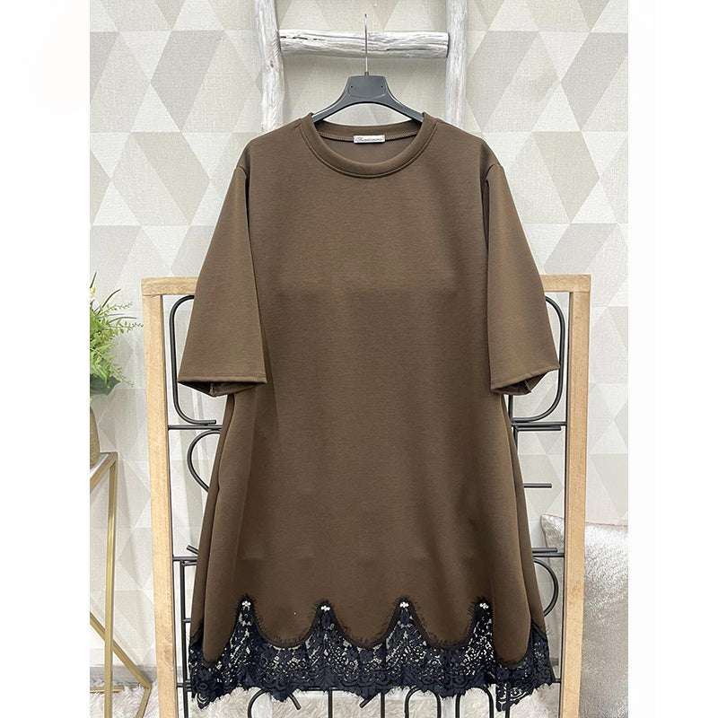 Women’s Elegant Round-Neck Lace-Hem Shift Dress