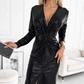 Women's Long-Sleeve Sequin V-Neck Slit Dress