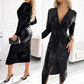 Women's Long-Sleeve Sequin V-Neck Slit Dress