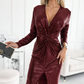 Women's Long-Sleeve Sequin V-Neck Slit Dress