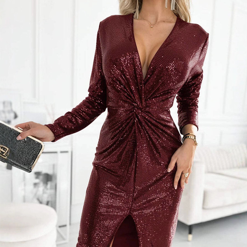 Women's Long-Sleeve Sequin V-Neck Slit Dress