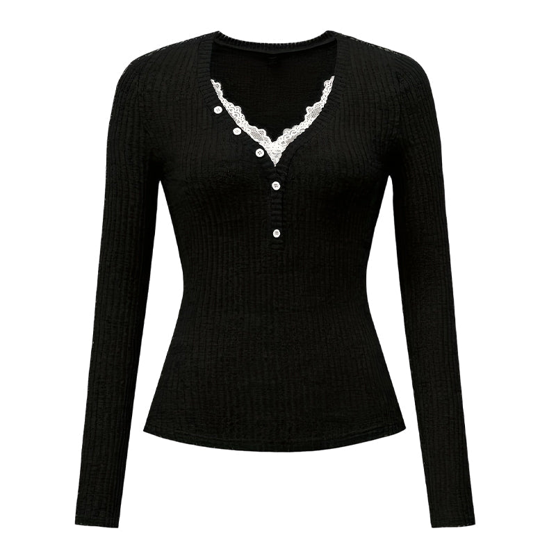 Women’s V-Neck Lace Patchwork Long Sleeve Top