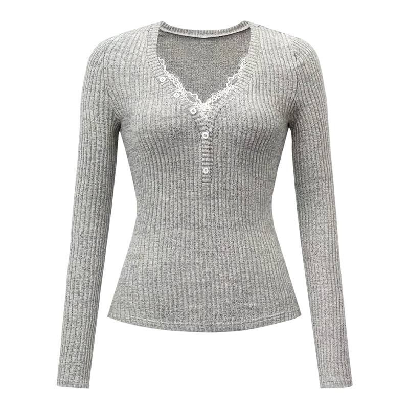 Women’s V-Neck Lace Patchwork Long Sleeve Top