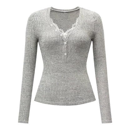 Women’s V-Neck Lace Patchwork Long Sleeve Top