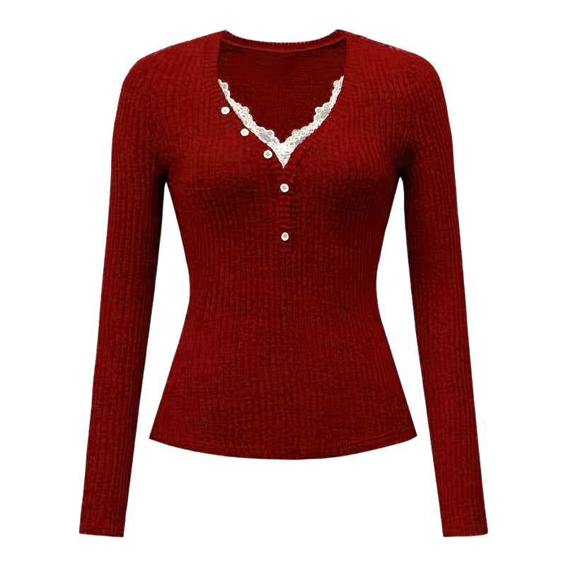 Women’s V-Neck Lace Patchwork Long Sleeve Top