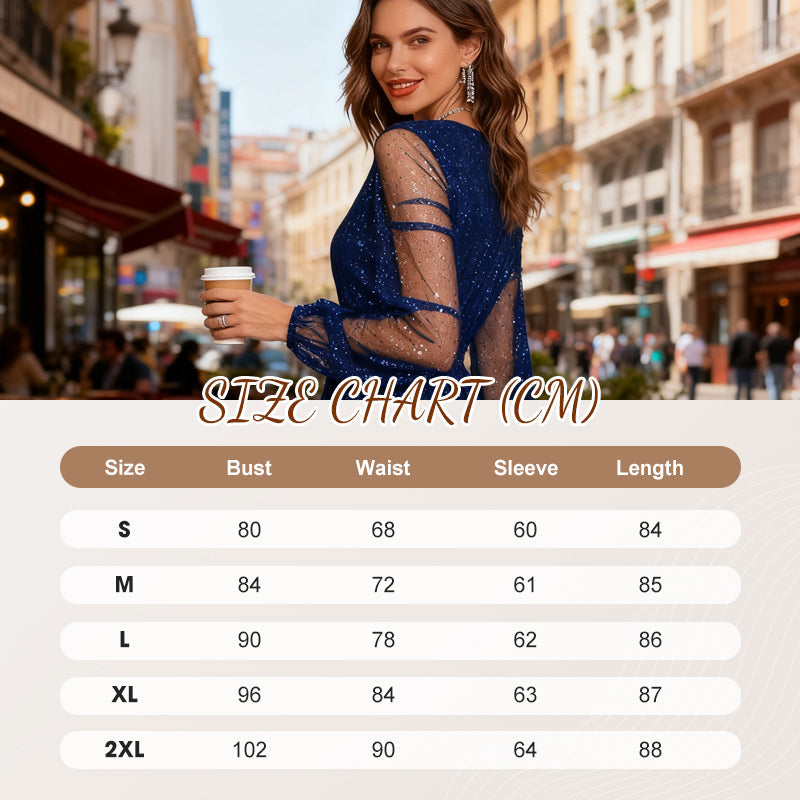 Elegant V-Neck Sequin Party Dress with Mesh Sleeves