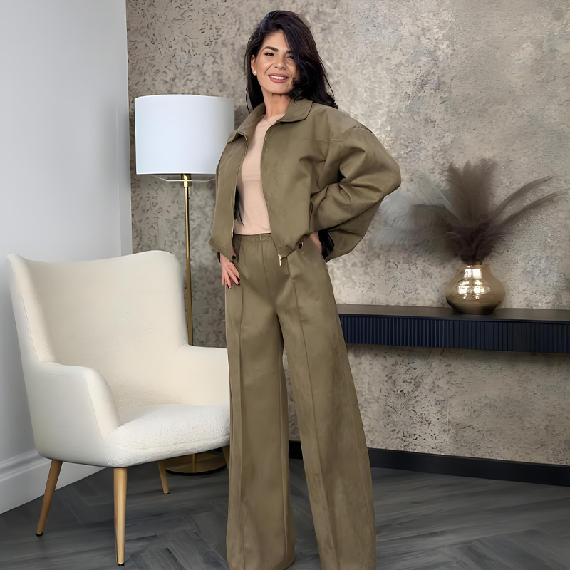 Women's Zip-Up Jacket & Wide-Leg Pants Two-Piece Set
