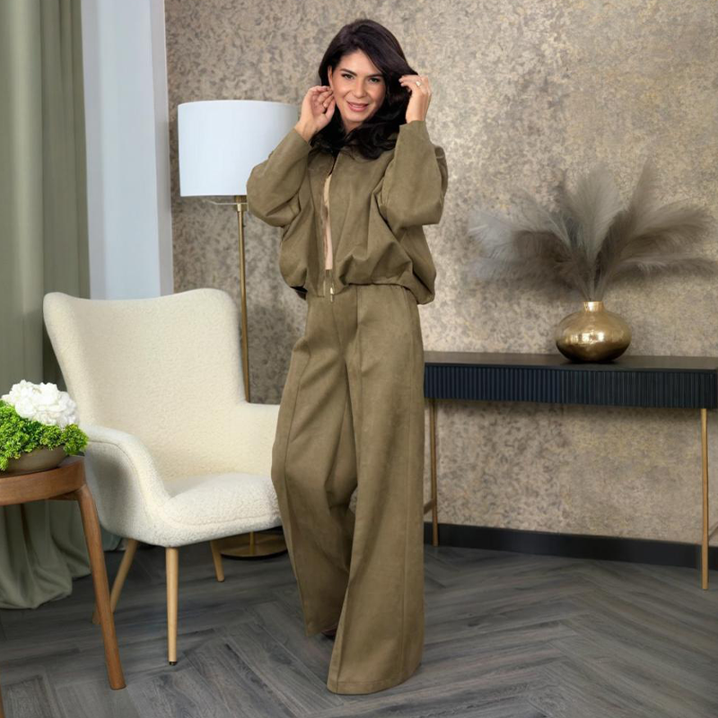 Women's Zip-Up Jacket & Wide-Leg Pants Two-Piece Set