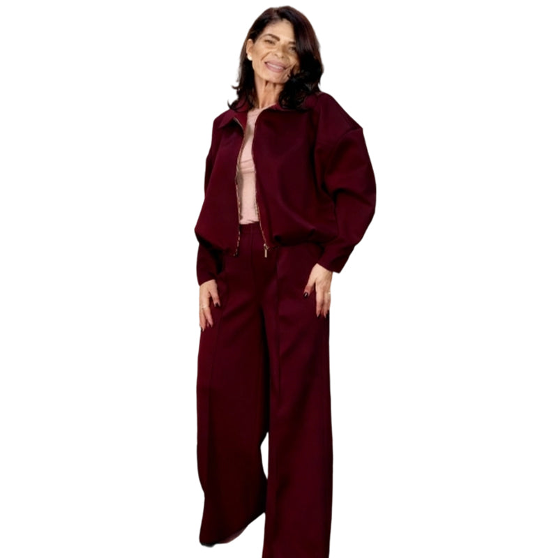 Women's Zip-Up Jacket & Wide-Leg Pants Two-Piece Set