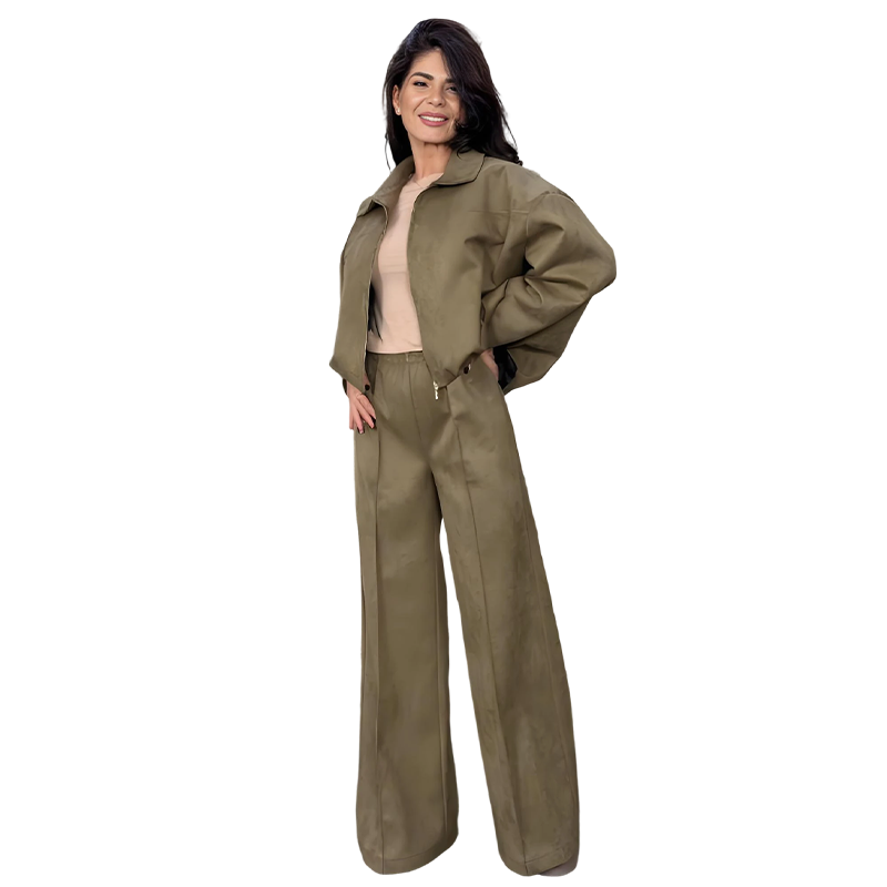 Women's Zip-Up Jacket & Wide-Leg Pants Two-Piece Set