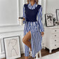 Striped Long Sleeve Shirt Dress with Contrast Bodice