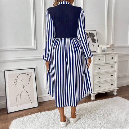 Striped Long Sleeve Shirt Dress with Contrast Bodice