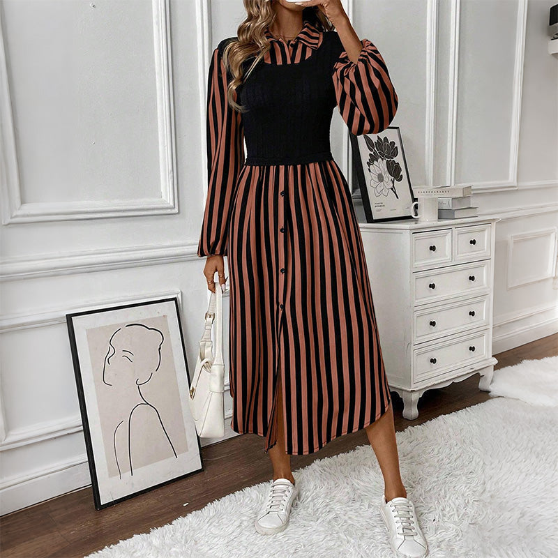 Striped Long Sleeve Shirt Dress with Contrast Bodice