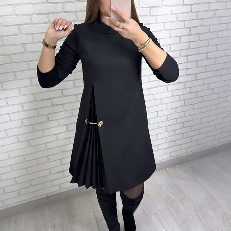 Elegant Long Sleeve Pleated Panel Dress