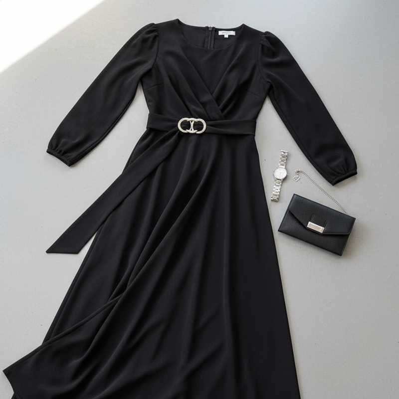 Women's Long Sleeve A-Line Pleated Maxi Dress