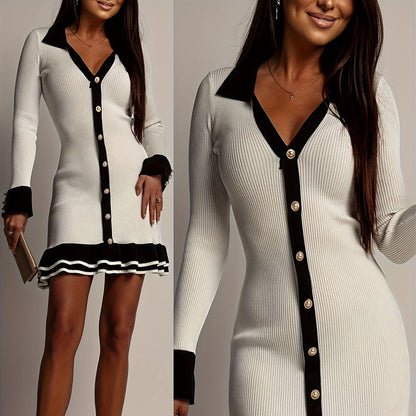 Women's Long Sleeve Ruffle Hem Knit Sweater Dress