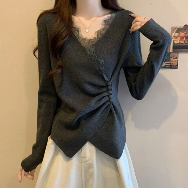 Women's Elegant Lace-Trim V-Neck Top | Elegant & Everyday