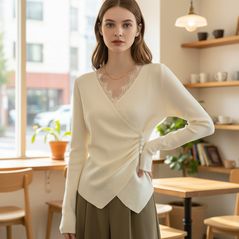 Women's Elegant Lace-Trim V-Neck Top | Elegant & Everyday