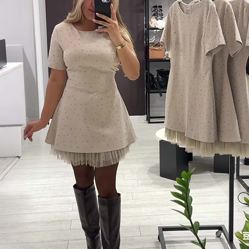 Women’s Sparkling Lace Trim Short-Sleeve Mini Dress