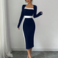 Women's Colorblock Square Neck Bodycon Midi Dress