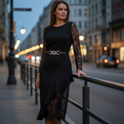 Elegant Lace Bodycon Dress with Asymmetrical Ruffle Hem