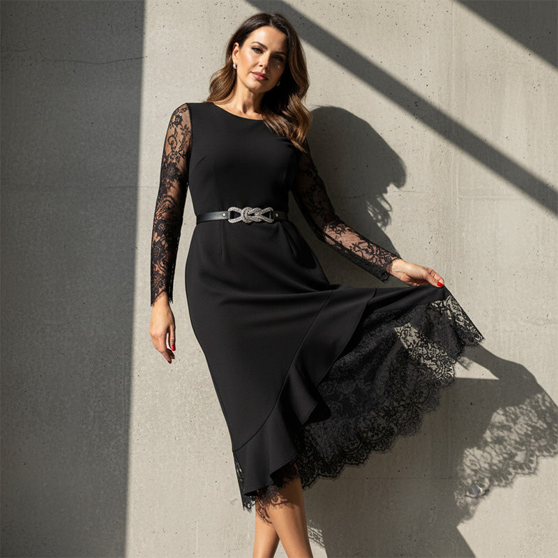 Elegant Lace Bodycon Dress with Asymmetrical Ruffle Hem