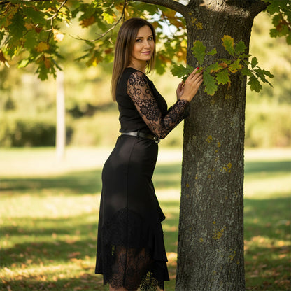 Elegant Lace Bodycon Dress with Asymmetrical Ruffle Hem