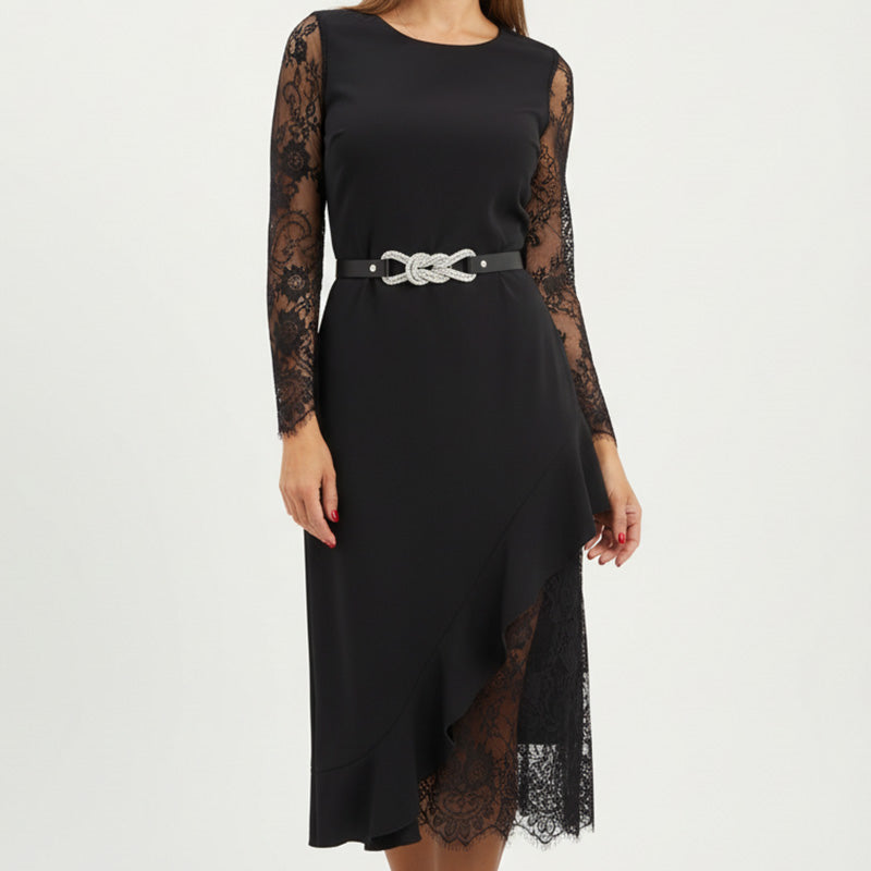 Elegant Lace Bodycon Dress with Asymmetrical Ruffle Hem