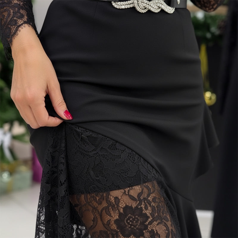 Elegant Lace Bodycon Dress with Asymmetrical Ruffle Hem