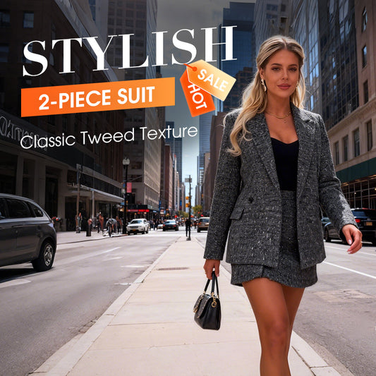 Women's Elegant Tweed Blazer & Skirt 2-Piece Set