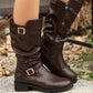 Women's Retro Ruched Mid-Calf Boots with Buckle