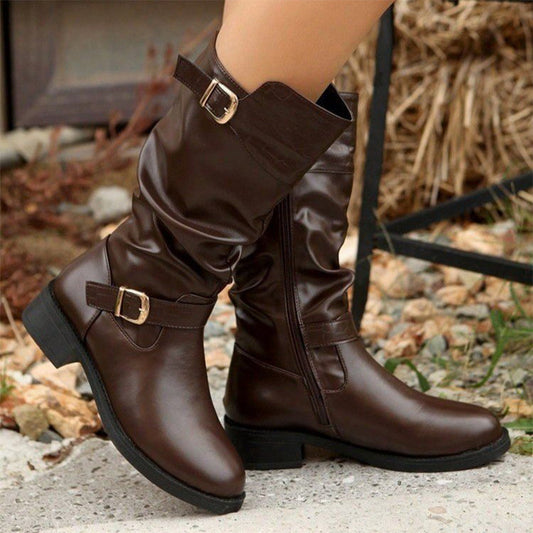 Women's Retro Ruched Mid-Calf Boots with Buckle