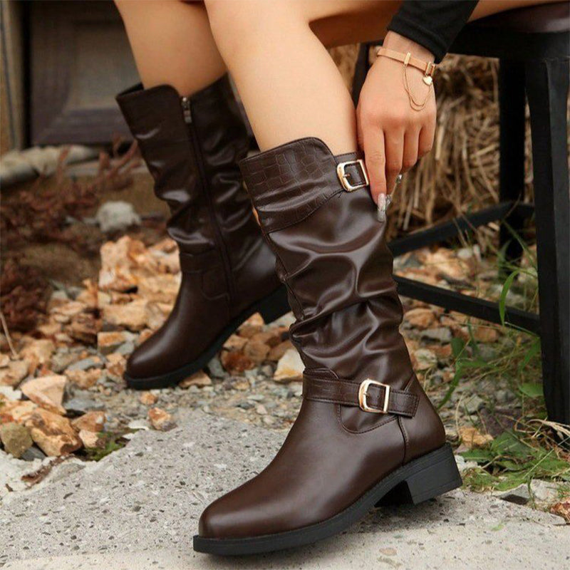 Women's Retro Ruched Mid-Calf Boots with Buckle