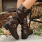 Women's Retro Ruched Mid-Calf Boots with Buckle
