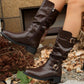 Women's Retro Ruched Mid-Calf Boots with Buckle