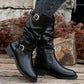 Women's Retro Ruched Mid-Calf Boots with Buckle
